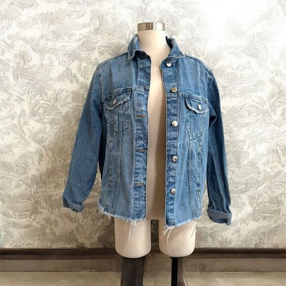 H&M Divided Medium Wash Distressed Jean Denim Jacket Coat Cropped L - Picture 1 of 7